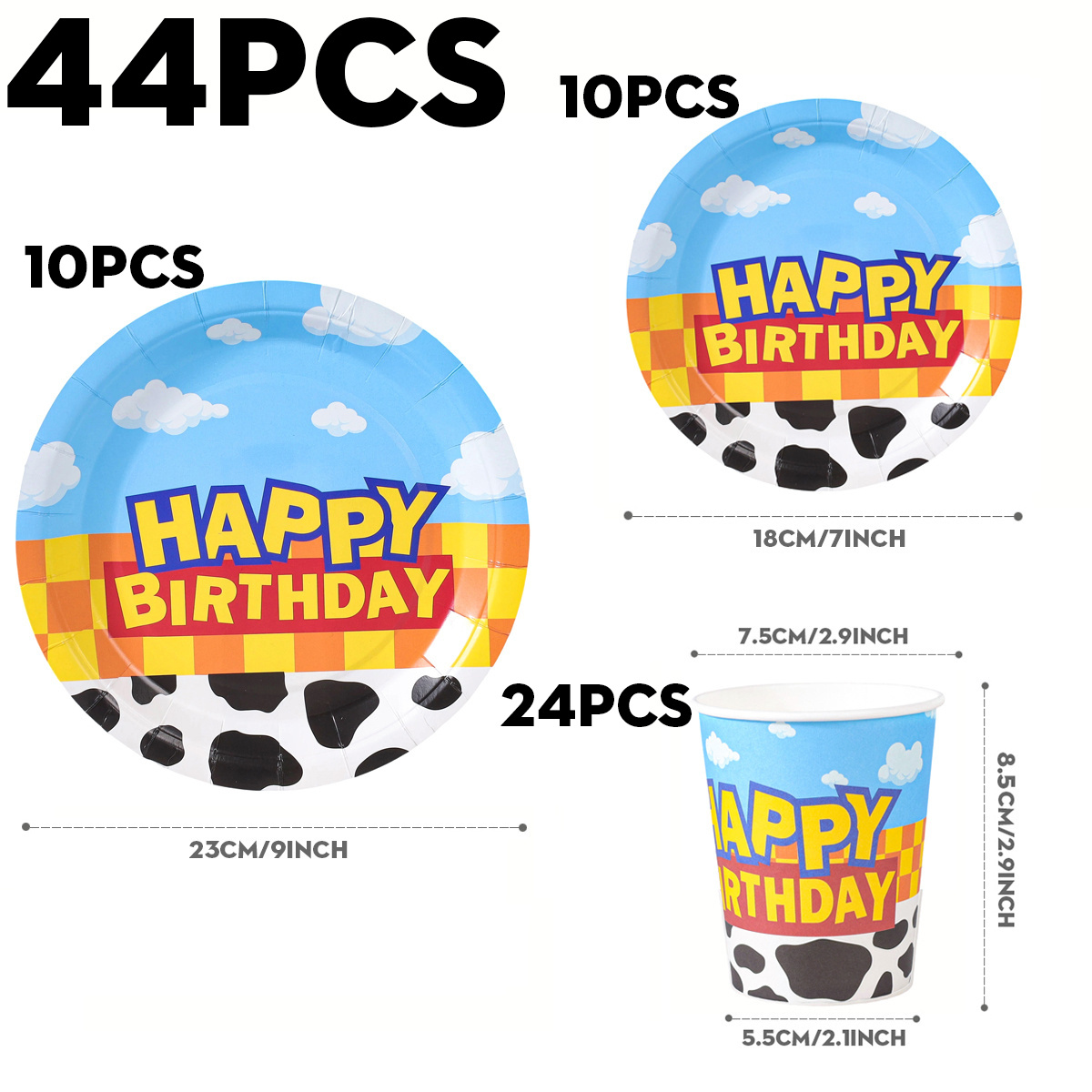 TEMU Pack de 44 articles pour fête d'anniversaire, décorations sur le thème du cowboy western à imprimé vache, ensemble de vaisselle " Anniversaire",