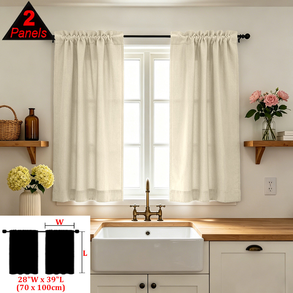 TEMU 2pcs, Bohemian Beige Polyester Kitchen Curtains, Rod Pocket Top, Soft And Thick, Filtering, Privacy Protection, Machine Washable, , Retro