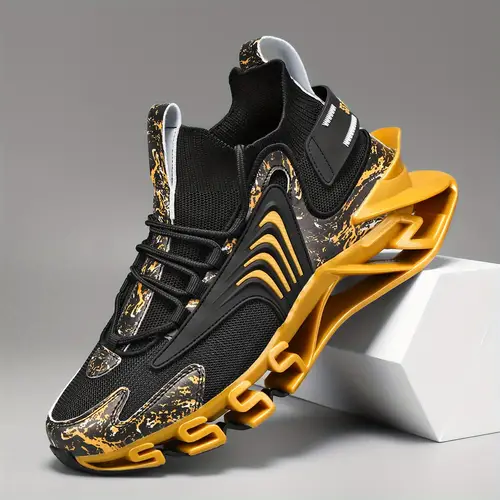 mens breathable lace up running shoes with thick cushioned sole rubber outsole low top sporty sneakers for outdoor walking black yellow large sizes unisex friendly