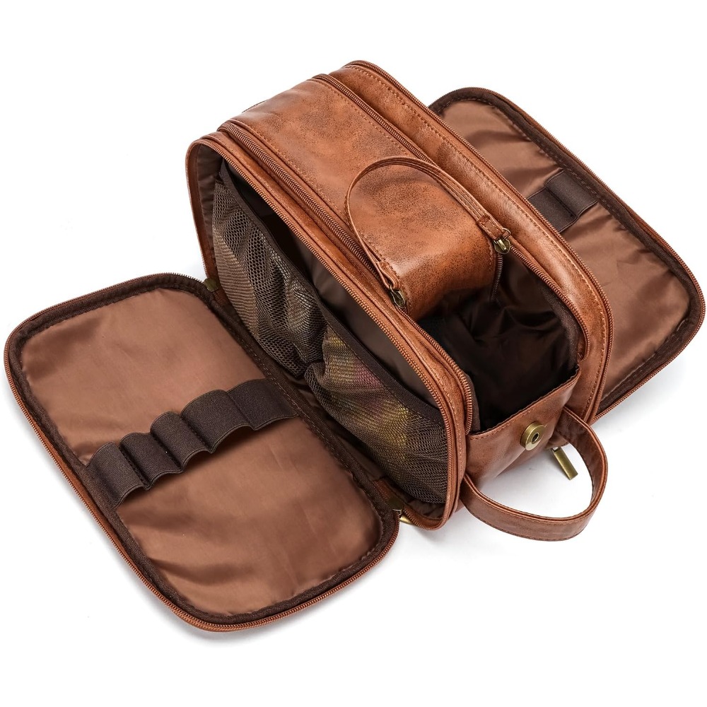 Men's Toiletry Bag Large Capacity Travel Storage With Wet Pocket And Drawstring Shoe Bag For Gym Overnight Brown 26.7x15x16 Cm