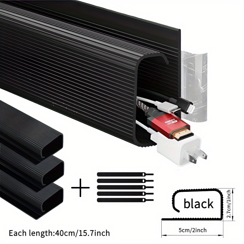 TEMU 3pcs Under Desk Self-adhesive Cable Tray, No Drill Pvc Wire Organizer 15.7 Inch For Computer Monitor/pc Cord Management, With 5 Cable Ties