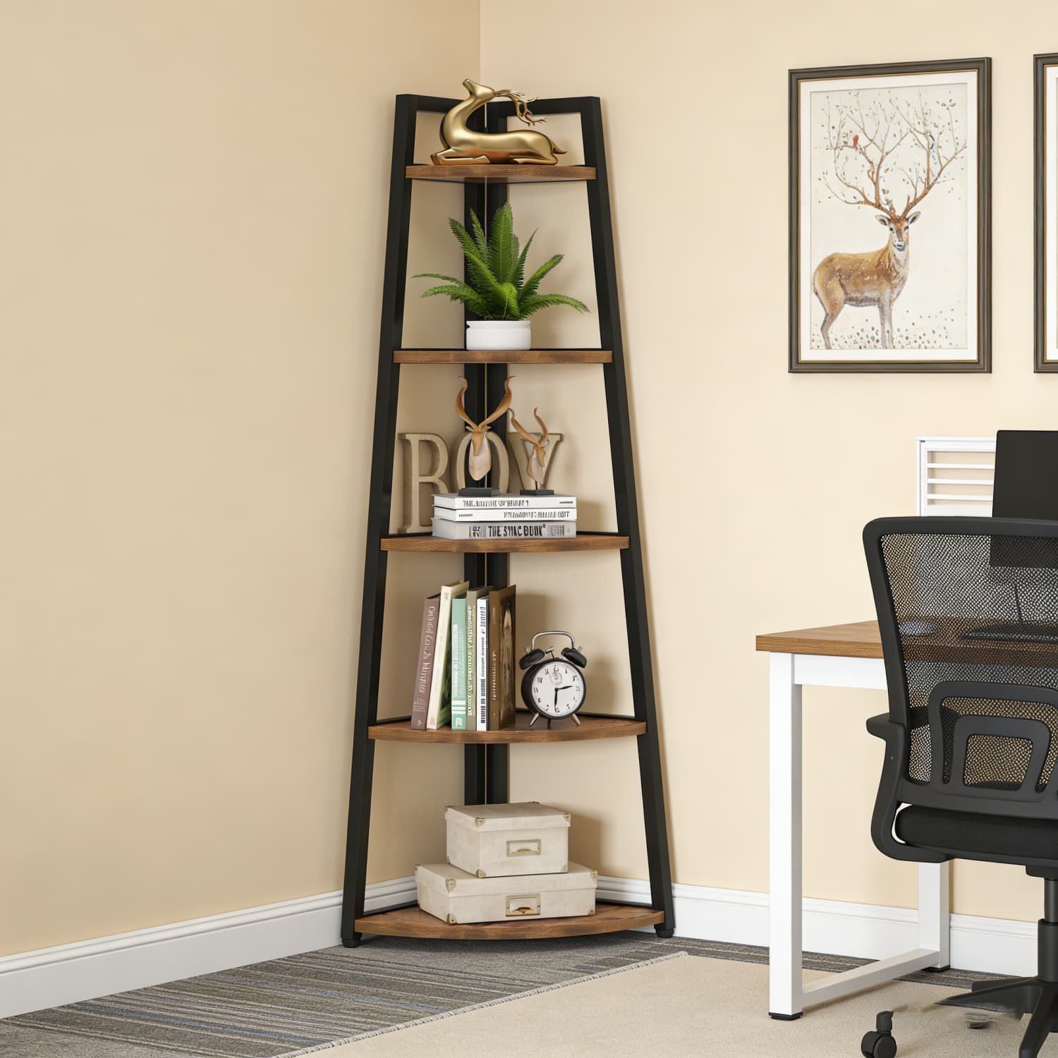 5 Tier 70 Inch Tall Shelf, Industrial Corner Ladder Bookshelf Bookcase, Multifunctional Plant Stand For Living Room, Kitchen, Home Office, Brown