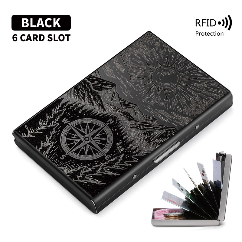 TEMU Compass And Pattern Premium Stainless Steel Rfid Blocking Card Holder For Men- Stylish Black Metal Wallet With Multi-compartment Design, Secure