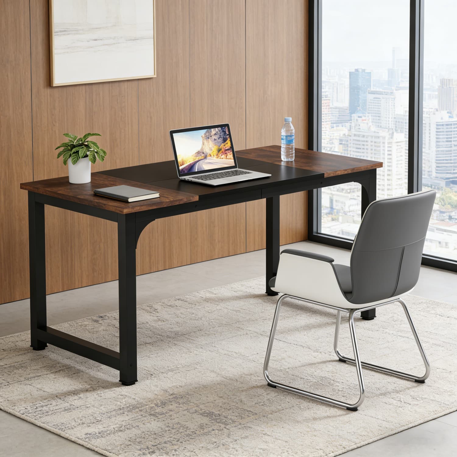 Modern Large Computer Desk, 63 X Inch Office Writing Study Workstation, Sturdy Vintage Black Metal Frame, For Home Office