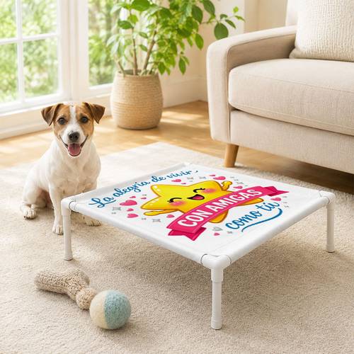item picture puppy resting bed white pvc frame with polyester cushioning fabric elevated design and charm cute printed suitable for placement graduation season moving halloween black friday christmas