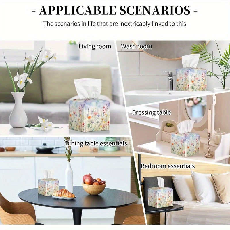 waterproof pvc leather watercolor floral tissue box cover square decorative holder with multicolor flowers fit for bathroom home car office portable tissue dispenser organizer 5 2x5 2x5 2in ideal gift for housewarming birthdays Product details 6