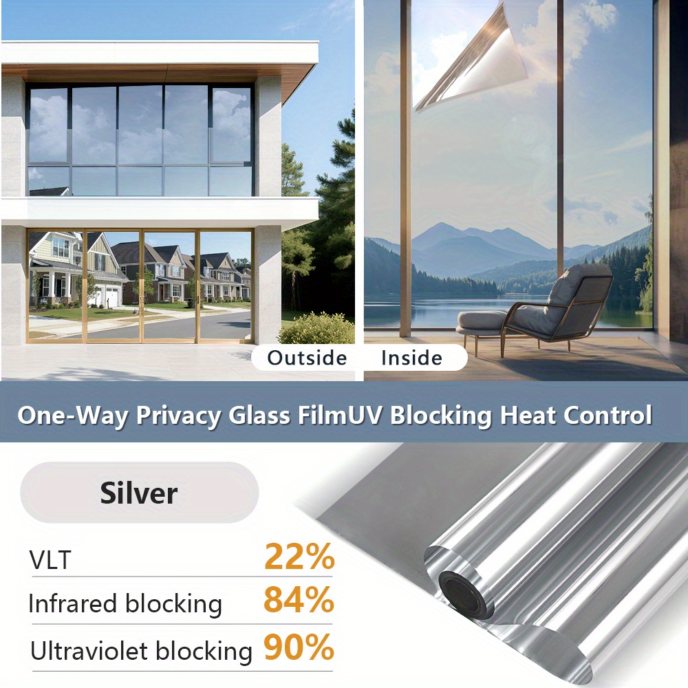 TEMU Mirror Privacy Window Film-sun Blocking, Blocking And Heat Control Self-adhesive Film, Energy Saving Nano-ceramic Window Tint, Static Cling No