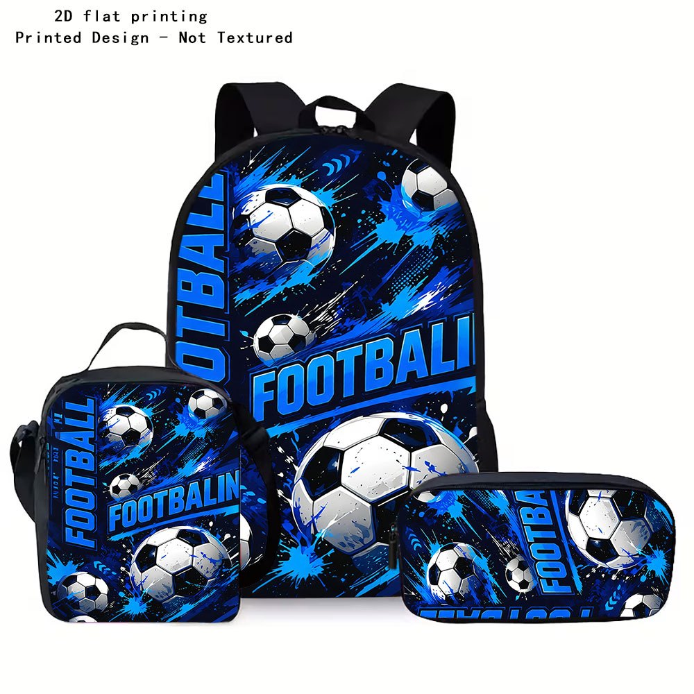 TEMU Ensemble 3 pièces Sac à dos Imprimé SPORT FOOTBALL Anglais Soccer Bleu à sur Fond Noir, Sac Bandoulière, Organisateur de Papeterie, Pochette à