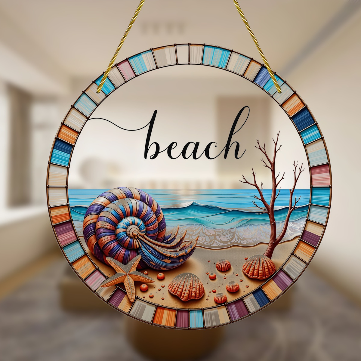 

Ocean Gems Suncatcher - 8"x8" Acrylic Stained Glass Window Hanging With Blue Seashell, Green , Starfish & Coral - -themed Decor For Home, Office & , Beach Theme Decor