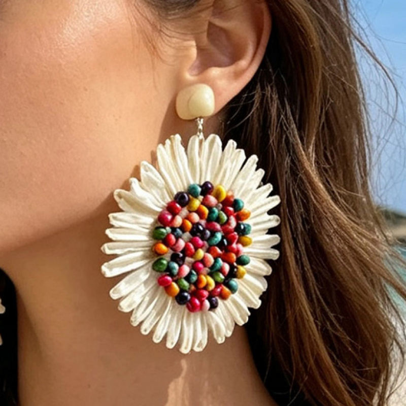 TEMU 1 Pair Of Bohemian Geometric Woven Colorful Round Earrings With Grass Simulation Sunflower Pendant Earrings Suitable For Women's Parties, Daily