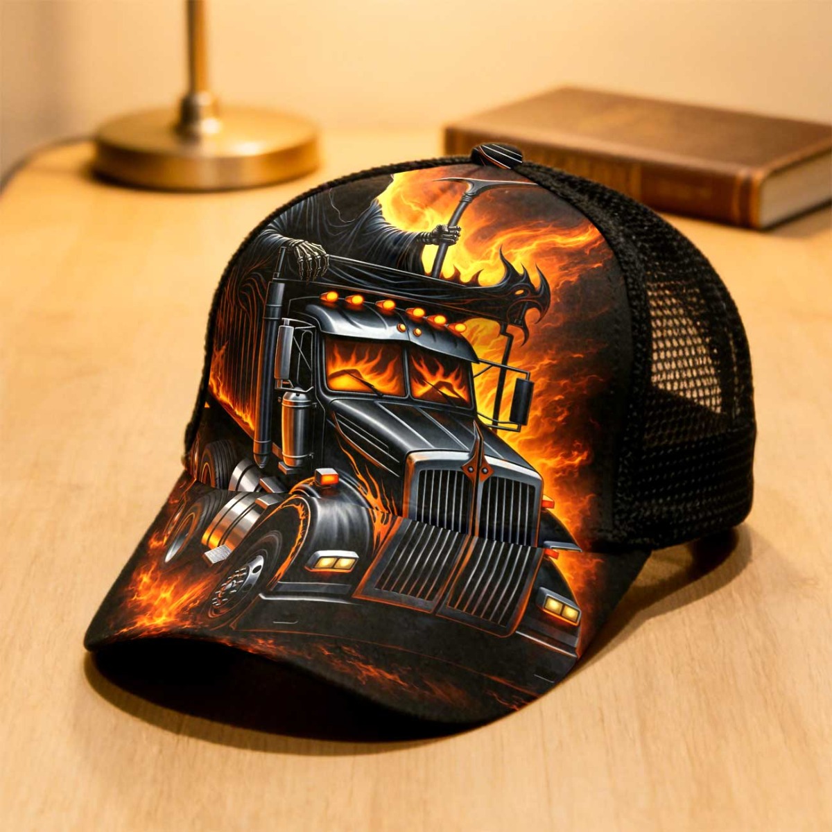 TEMU 1pc With Flaming Dark Truck Print All Duckbill Hat Mesh Cap With And Lightweight All Season Hat For Summer Thank You Gift