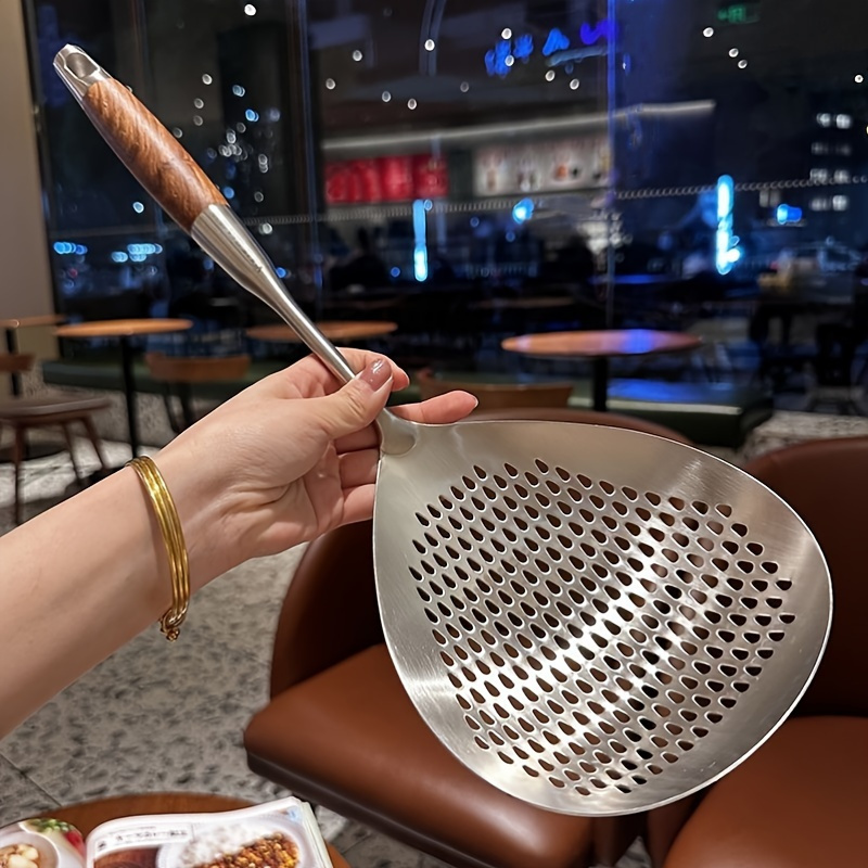 TEMU Stainless Steel Skimmer Colander, Large Durable Kitchen Strainer, Heat Resistant Dishwasher Safe Easy Draining, Perfect For Frying Hot Pot