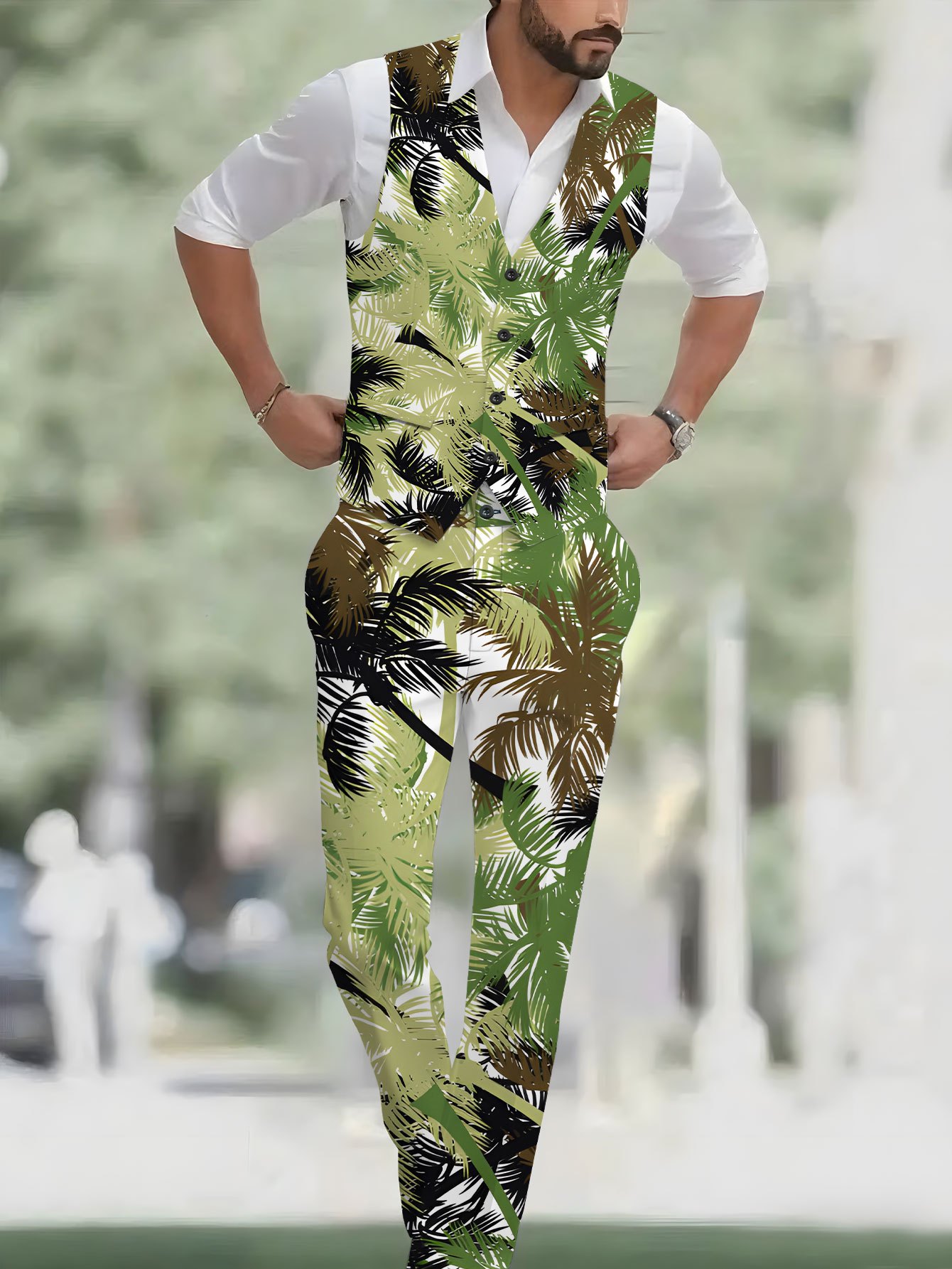 Men S Stylish 2pcs Vest + Trousers Set with Palm Tree Pattern, Green and Brown Color Scheme Classic Banquet Wedding Party Men S Suit Vest and Pants Combo Casual   Print Suit Vest with Pants