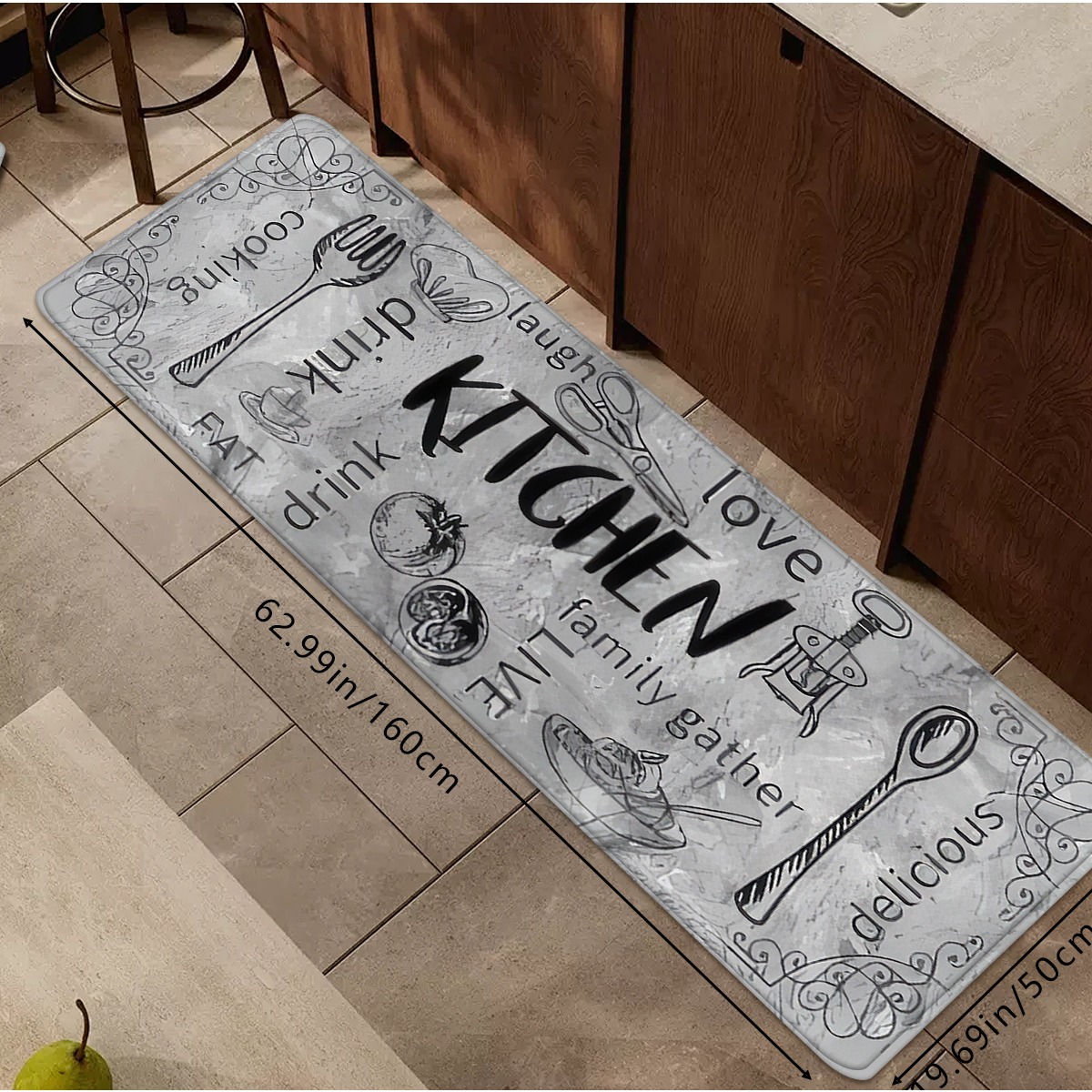 TEMU 1pc/2pcs/3pcs Creative Themed Kitchen Utensils With 'kitchen' Pattern Print, High- Absorbent Non-slip Long Kitchen Runner Rug, Foldable And