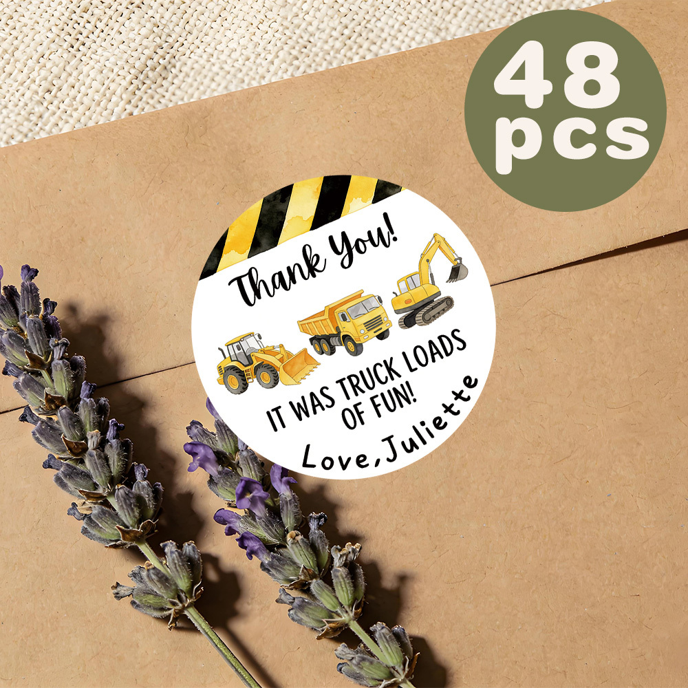 TEMU Custom 48/96pcs Thank You Round Stickers, Personalized With Names, Featuring Construction Vehicle Trio And Caution Tape Design, Ideal For
