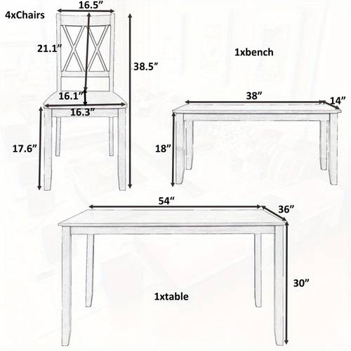 6pcs wooden kitchen table set farmhouse rustic dining table set with cross back 4 chairs and bench