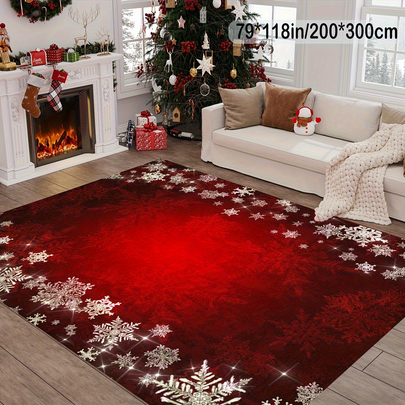 TEMU Extra Large Red Area Mat With White Snowflakes - Non-slip Backing, Large Living Room Mat For Christmas Decor, Entryway, Bedroom - Luxury Winter Home Decoration Floor Mat