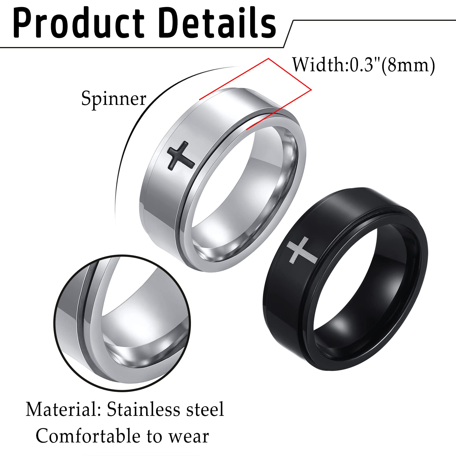   2pcs spinner rings for men anxiety stress relieving fidget ring stainless steel cross wedding promise band, size 7-12, focus aid, calming jewelry, stylish band, minimalist ring, polished  , durable jewelry, men s ring, men s fashion, meditation tool Product details 0