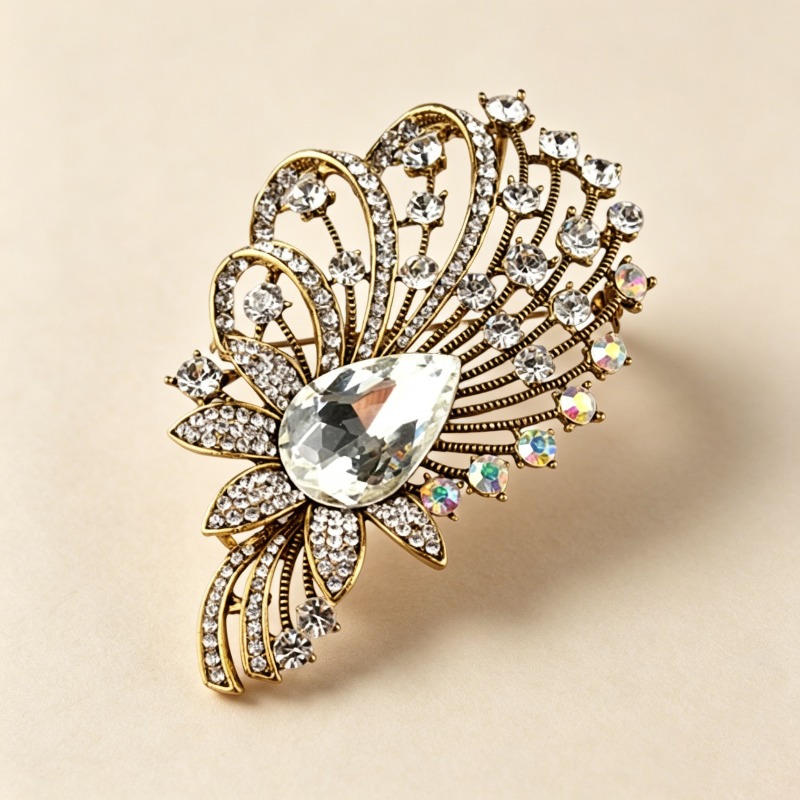 Vintage Gold-Tone Crystal Feather Brooch, Elegant Statement Pin