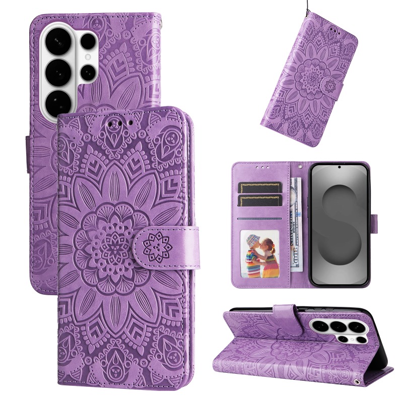 Etui za telefon - Modna usnjena torbica za telefon s slotom za kartice in motivom sončnice za Galaxy S20 S21 S22 S23 S24 S25 S26 Ultra, odporna