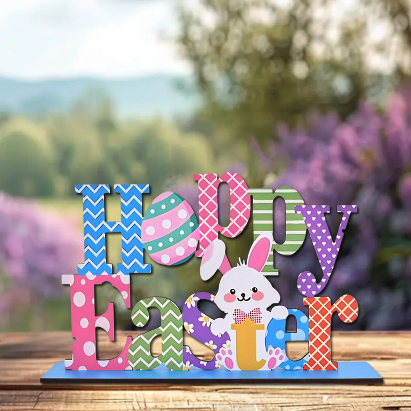 

Easter Bunny & Egg Wooden Sign - Colorful Tabletop Decor For Spring Celebrations, Home, Office, Or Farmhouse