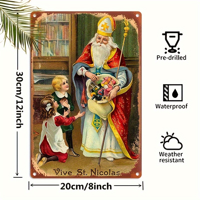 TEMU 8"x12" (20x30cm) Nicolaas Metalen Wandplaquette - Belastbaar Waterdicht IJzeren Nederlands Sinterklaas met Cadeau-scène, Voorgeboorde Gaten voor