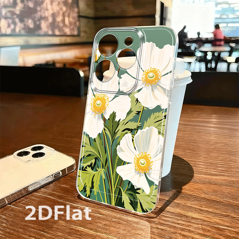 품목 사진 화이트 꽃과 노란 꽃술, 초록 잎 2d 평면 패턴 휴대폰 케이스,    i/50 pro+/  pro+/ i/note 30 pro/  pro+/50 pro/  note   pro용, 스타일리시하고 귀여운 투명 낙하 방지 tpu 휴대폰 케이스