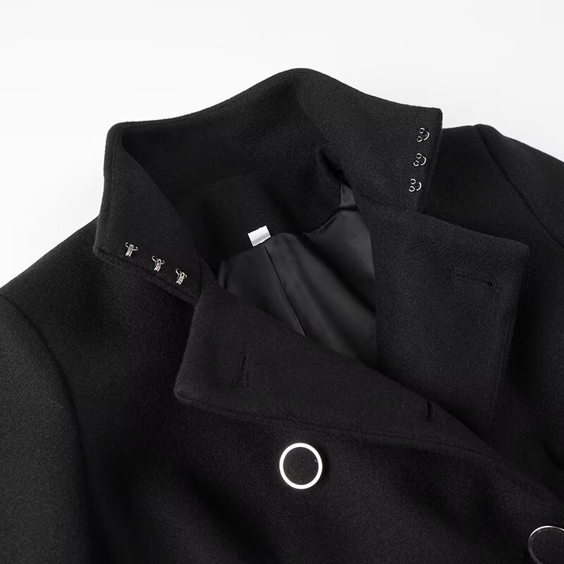 Women'S Fall/Winter Elegant& Retro Black High- neck Double- breasted Bell- sleeve Coat- High- quality Fabric, Waist- cinching Belt Detail, Ideal for Formal Dinners, Business Events& Theatre Outings