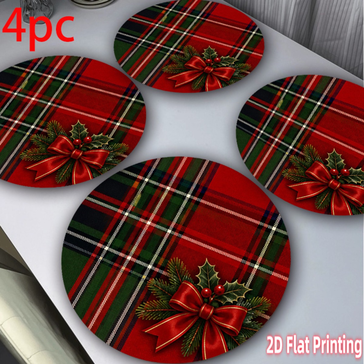 TEMU 2d Flat 4pcs Set Plaid Pattern Holiday Bow Red Round Placemats, Suitable For Parties, Family Use, Themed Restaurants, Halloween, And Christmas