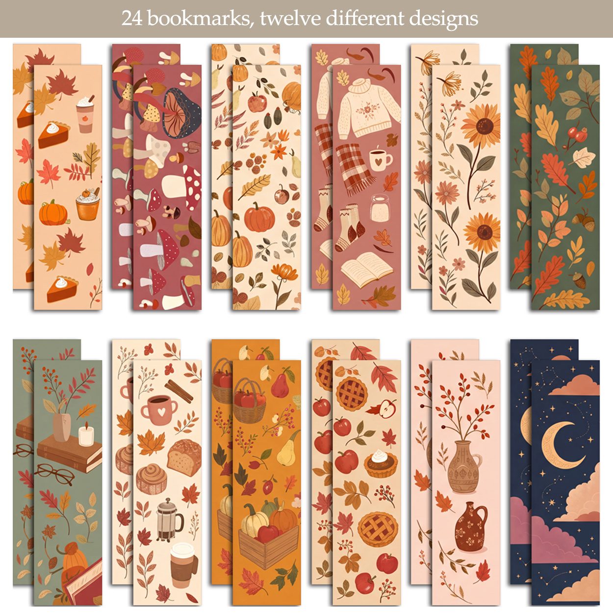 TEMU 24 segnalibri di carta, segnalibri illustrati a tema retro autunnale e raccolto, segnalibri con motivo a zucca, frutta, caff癡 e foglia d'acero,