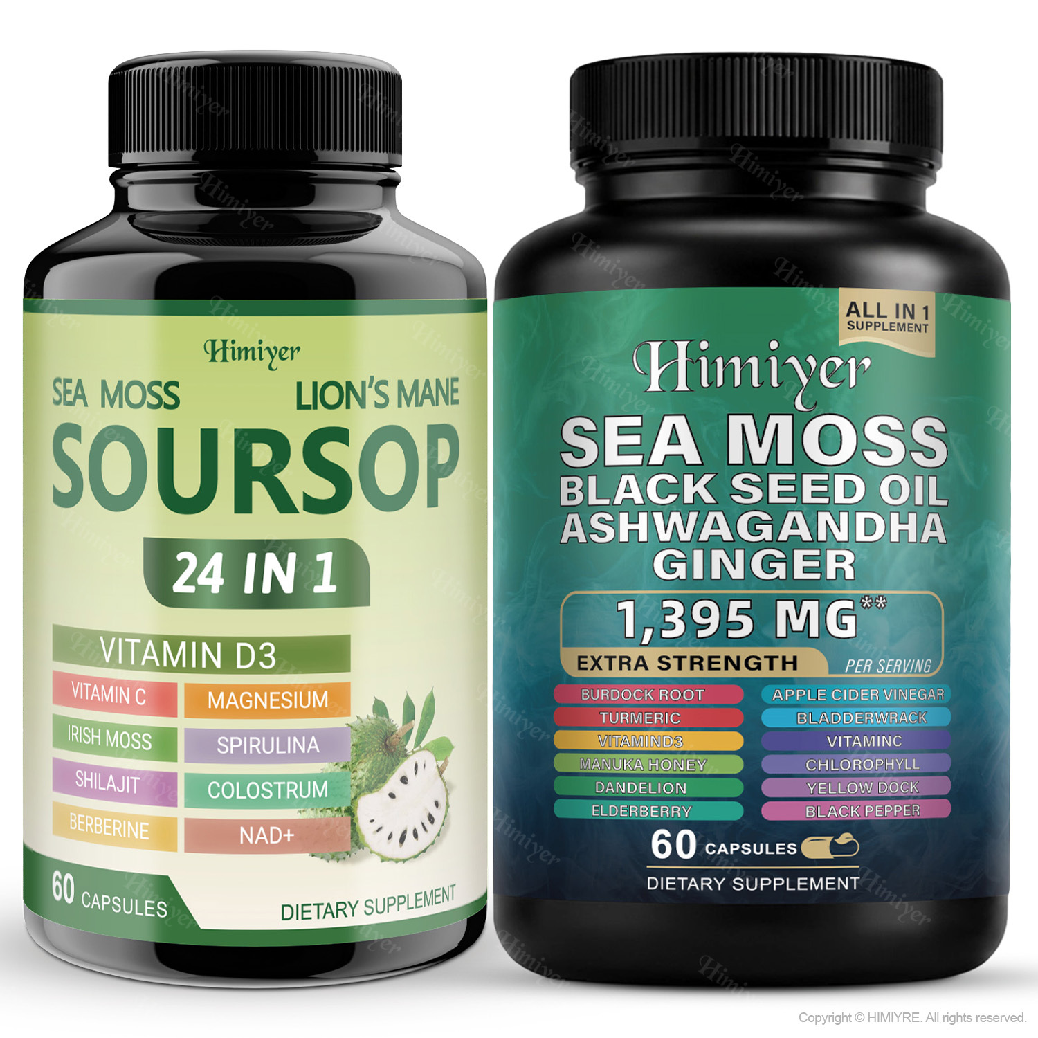 Himiyer 2 Bottles Soursop NAD+ & Sea Moss Daily Balance Capsules for Women & Men - Rhodiola Rosea, Ashwagandha, Shilajit, Berberine - Focus & Immune Health & Body Balance - Daily Gentle Lifestyle