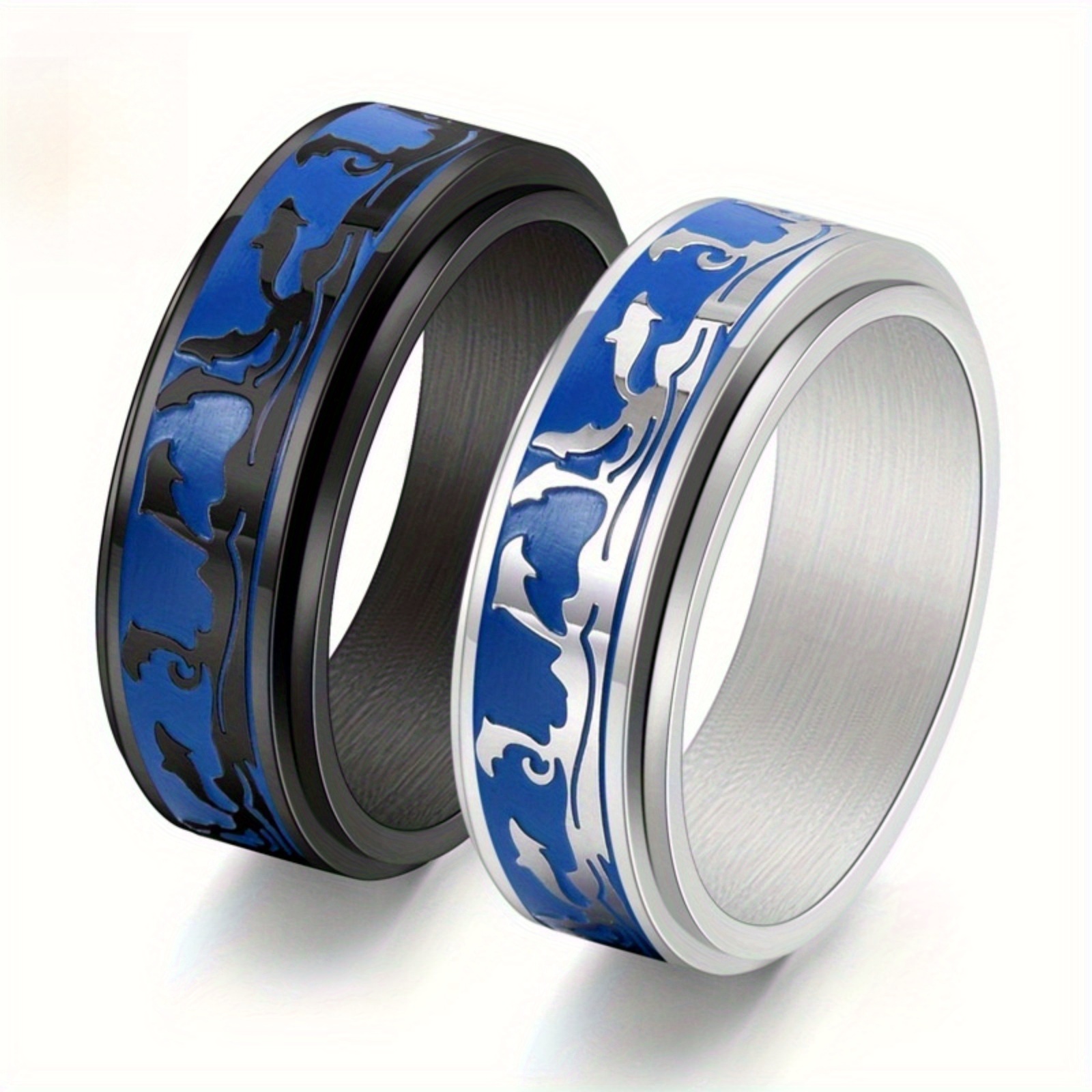 mens stainless steel rotatable ring with ocean   elegant blue and black ideal for daily wear or parties dolphin decor Product details 4