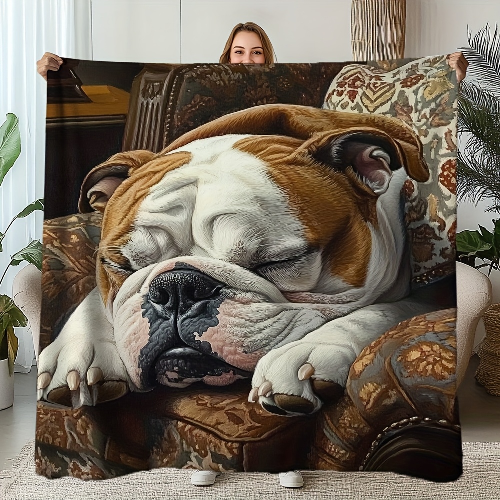 TEMU 2d Printing Flannel Bulldog Printed Blanket – Light Beige-friendly & Plush, Or Adventurous – With , Mixed Colors, Polyester, Digital Printing,