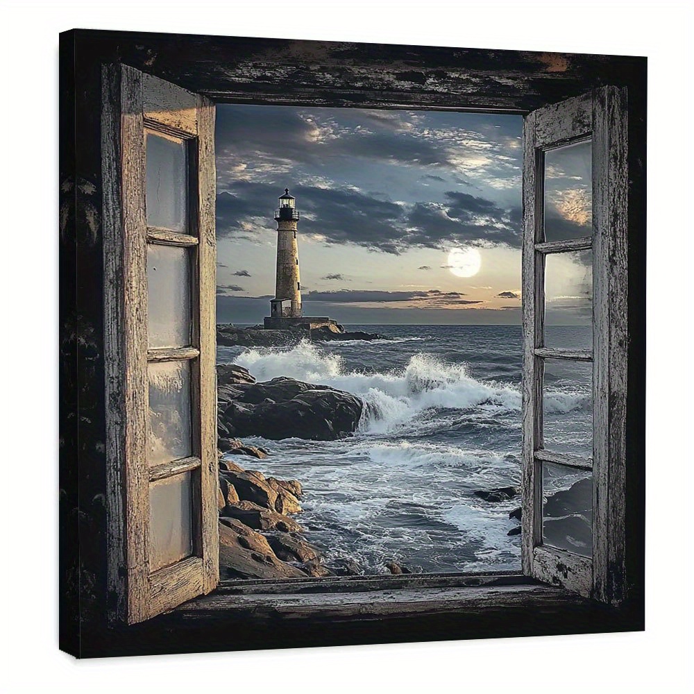 TEMU 1pc Vintage Coastal Lighthouse & Ocean Sunset Canvas Wall Art - Framed Nautical Painting With Weathered Window Frame, Decor For Living Room,