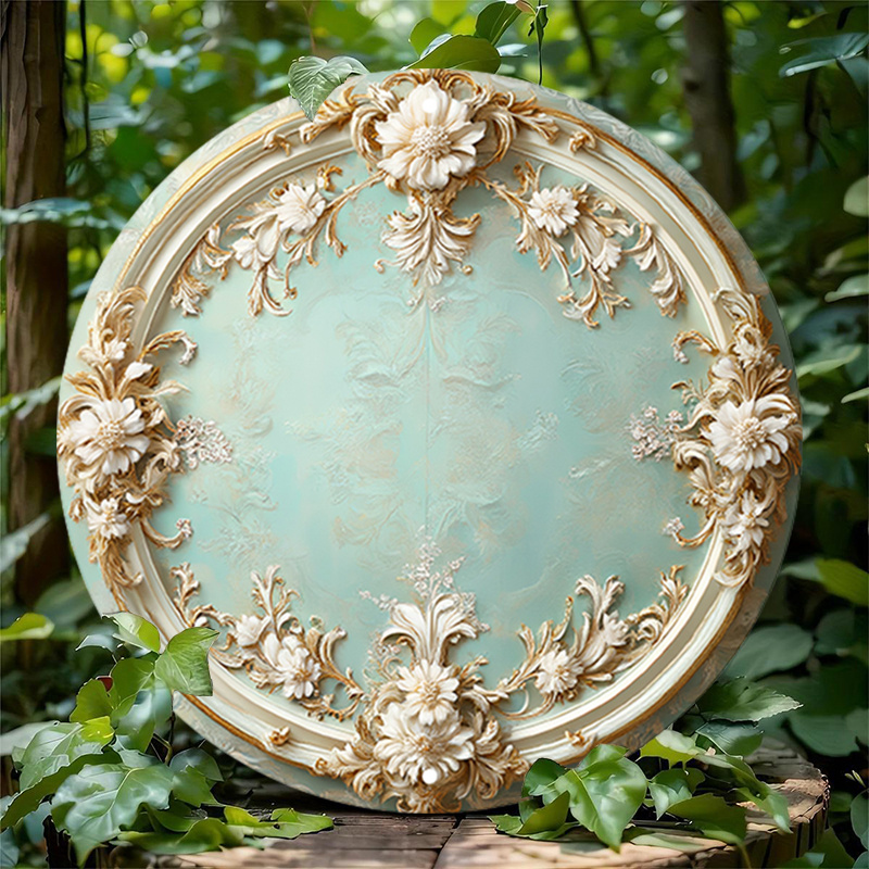 

1pc Elegant Vintage Floral Aluminum Wall Art, 7.8" Round Rococo Ceiling Ornament, Teal & Golden- With White Flowers - Ideal For Home, Bar, Cafe,