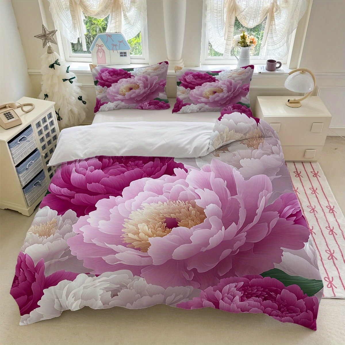 E-shop 3-teiliges Rosa Pfingstrosen-Bettwäsche-Set + Weißer Hintergrund (1 Bettbezug + 2 Kissenbezüge, ohne Füllung) – Ganzjahresgeeignet, ideal für