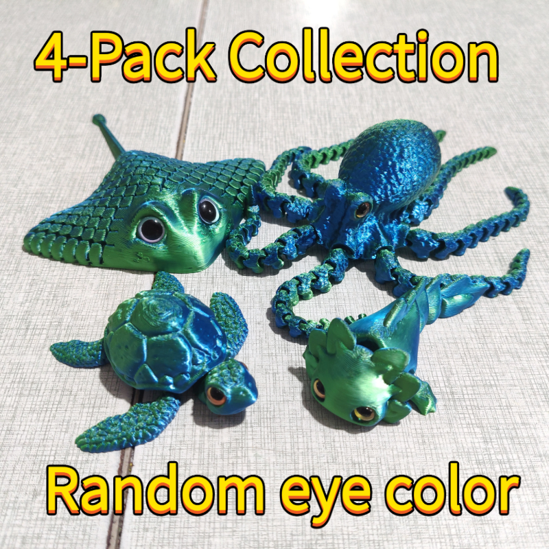 TEMU 4pcs (1 Turtle And Octopus And 1 Salamander And 1 ) Ocean Animal Toy Set, Game Model, 3d Printed With Movable Joints, Smooth And Fluid Joint