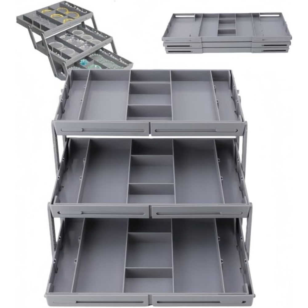 Image of 3-tier Drawer Organizer, Expandable Junk Drawer Organizer, Multi-level Folding Organizer For Makeup, Jewelry, Desk, Office Drawers (3 Tiers)