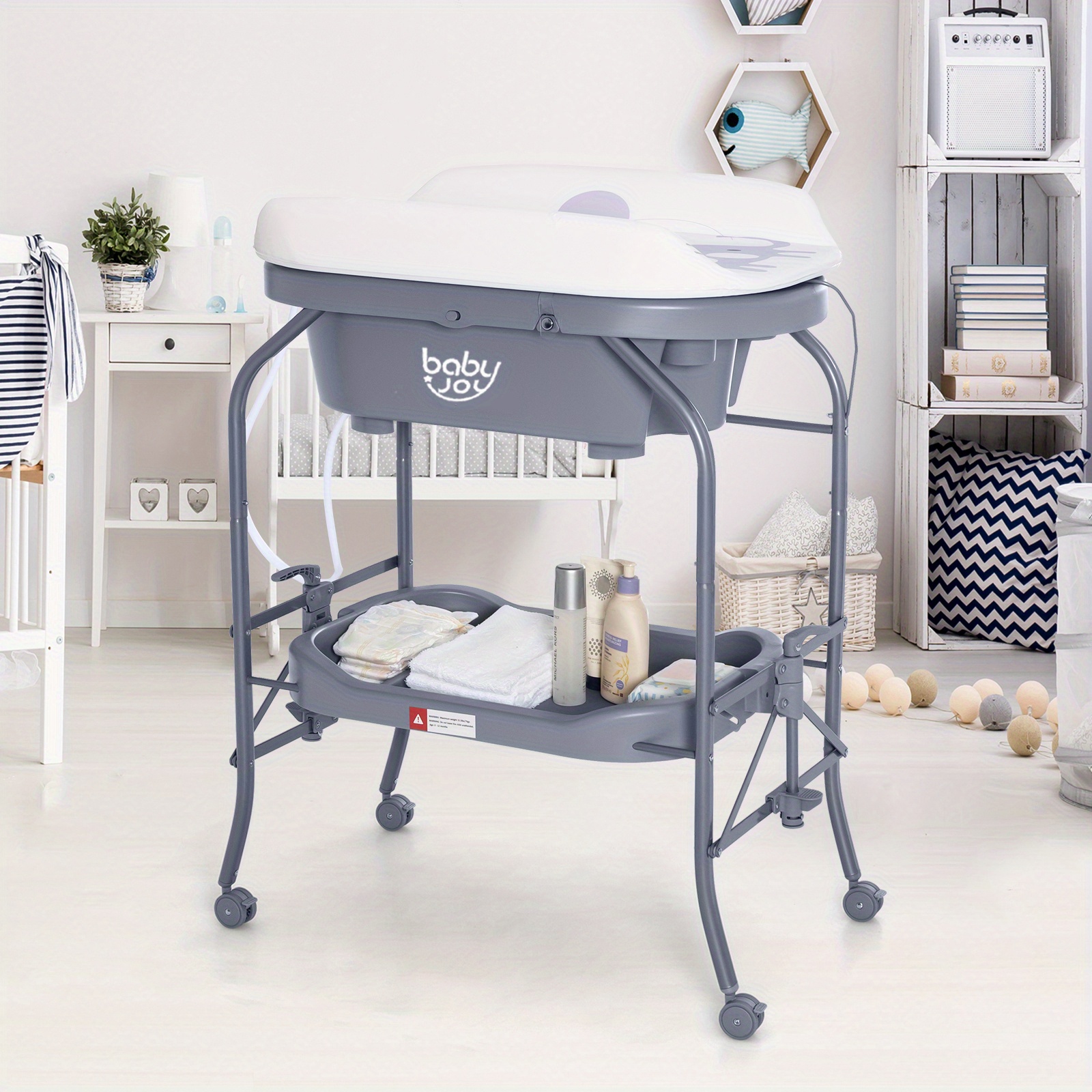 Grey COSTWAY 2-in-1 Folding Changing & Bathtub Table Mobile Nursing Station w/ Lockable Wheels & Storage Basket
