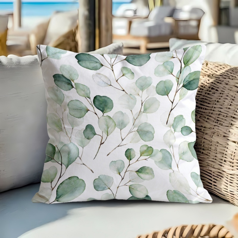 TEMU de almohada 2D con estampado de hoja de eucalipto en acuarela, 1 pieza, fibra de poliéster, estampado a una cara, sin relleno, para sofá, ,