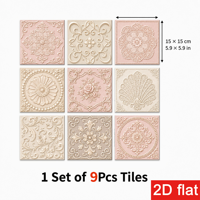TEMU 2D Platte 9 stuks 15X15Cm (5.9X5.9In) Kiezelsteen Stickers voor Zelfklevende Muurtegels. Elegant Bloemmotief Perfect voor Keukenachterwand,
