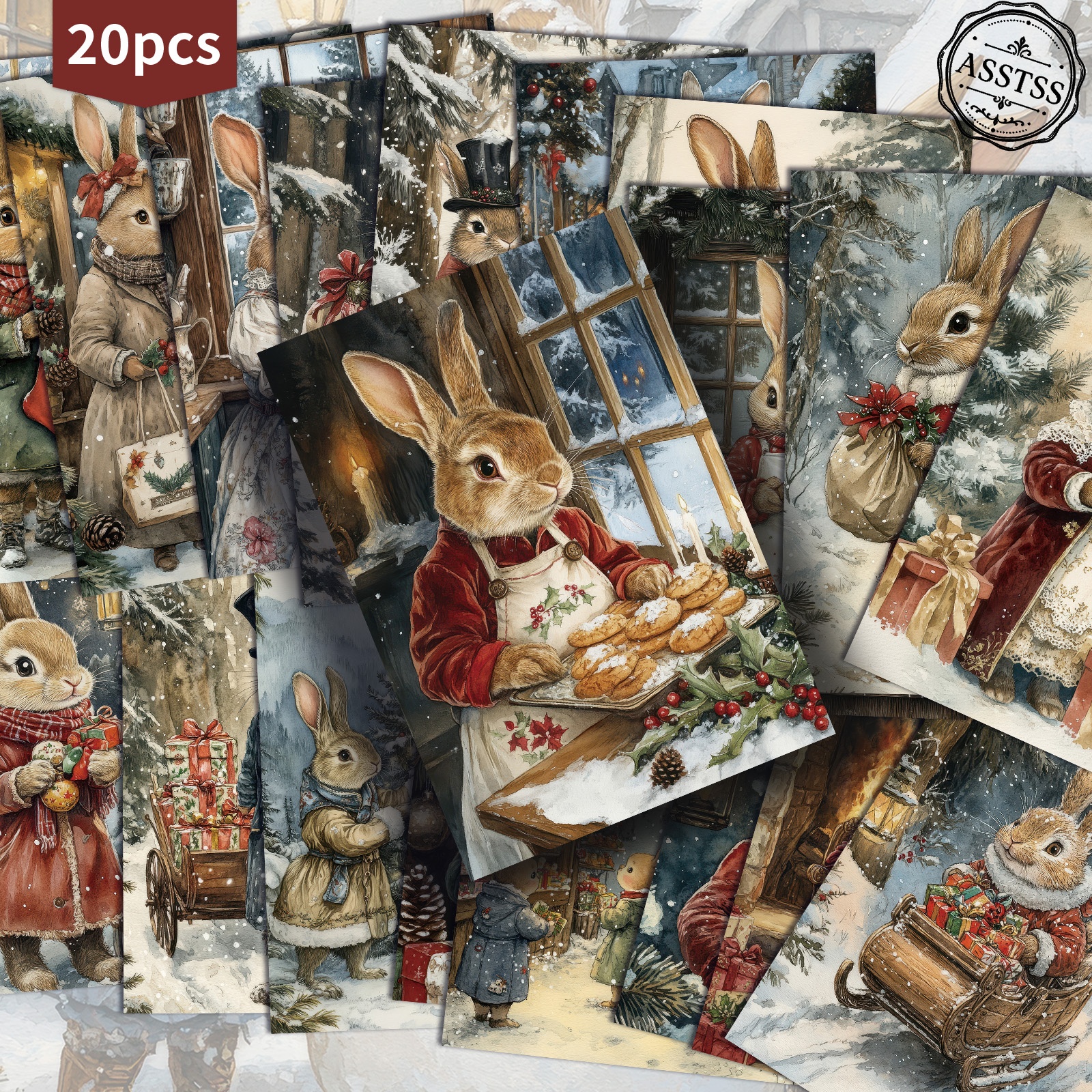 TEMU 20-pack Asstss Vintage Christmas Rabbits Postcards - 4x6 Inches Retro Junk Journal Supplies, Classic Pinup Illustrations Collectible Decorative