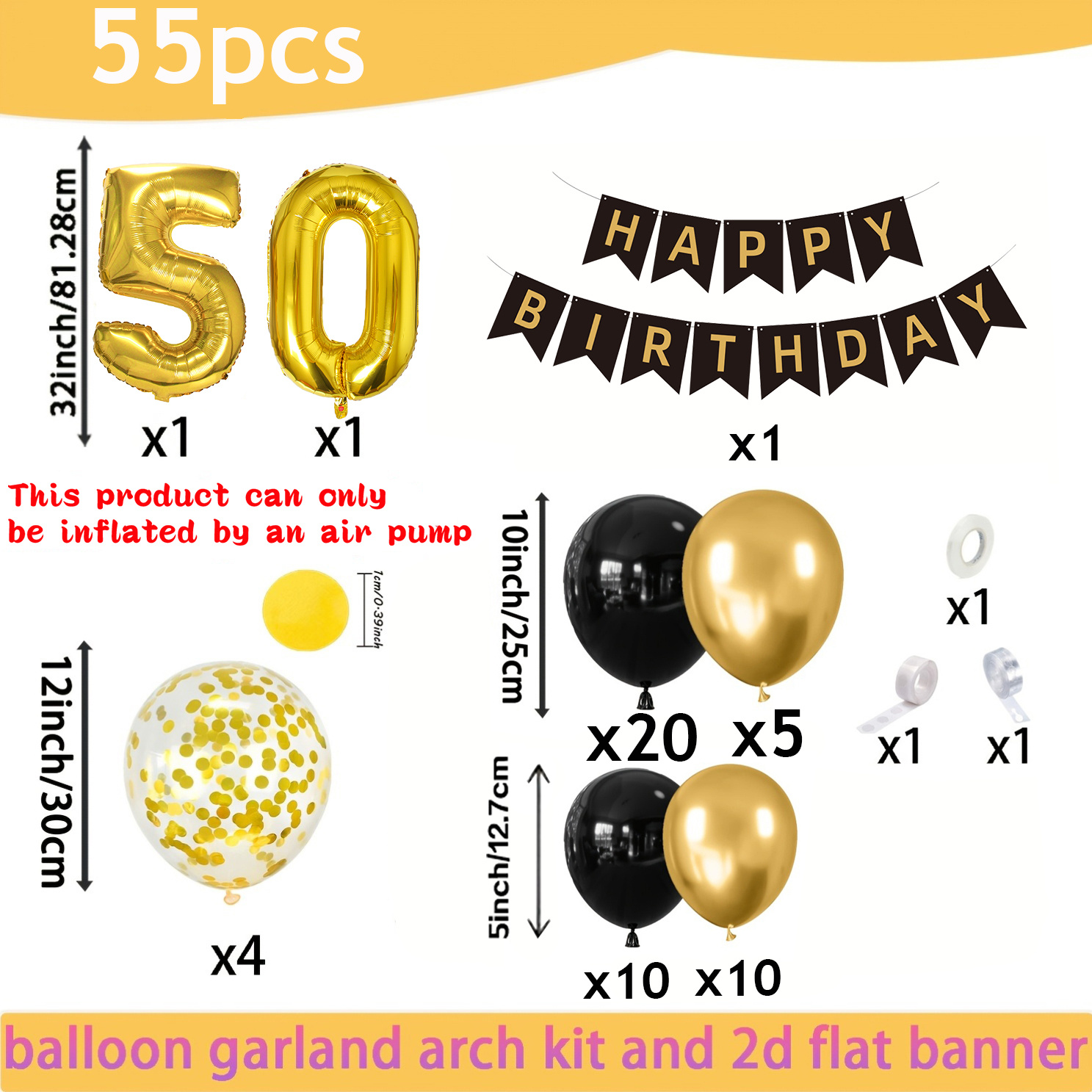 TEMU Kit de de globos de 55 piezas para 50.º , color y dorado, con de lámina con número de 32 pulgadas y pancarta de " " para hombres, niños y