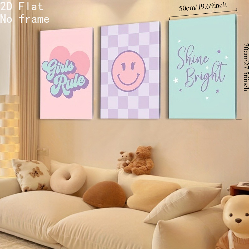 TEMU 2d Flat, 2d Flat, 2d Flat 3pcs Room Wall Art Canvas Posters, Wall Decor Pink Colorful Printed Pictures, Teenager Rule Painting Suitable For