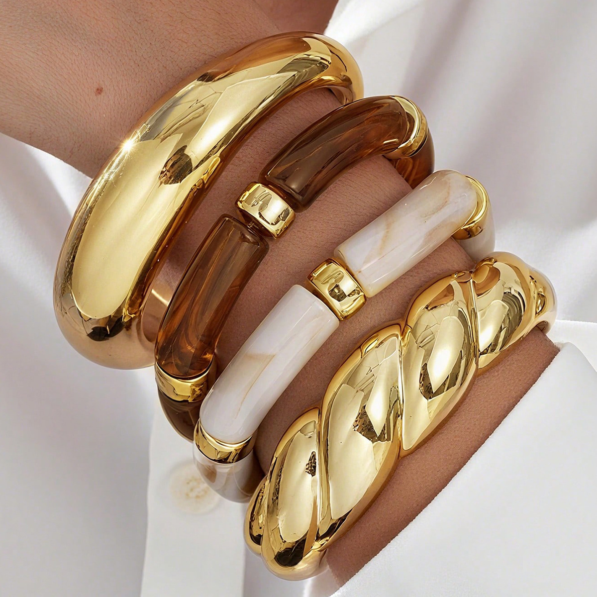 TEMU Faxhion 4pcs Vintage Minimalist Elegant Resin Acrylic Brown Elastic Bracelet & Bangle Set, Golden Stripe Smooth Open Cuff, Suitable For Women
