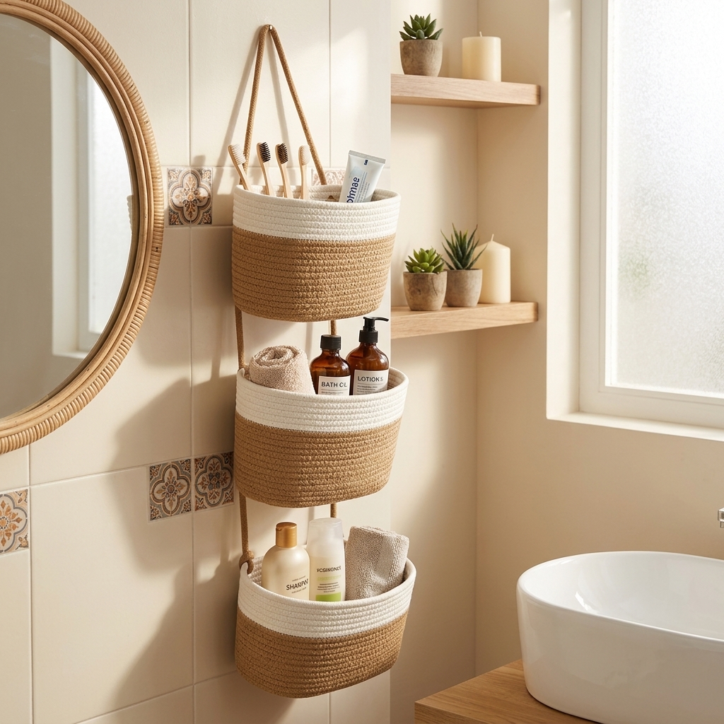item picture   3 tier boho neutral tone hanging basket woven rope wall organizer with space saving vertical storage shelf boho style suitable for bathroom nursery kitchen bedroom multi room hanging bins for towels utensils
