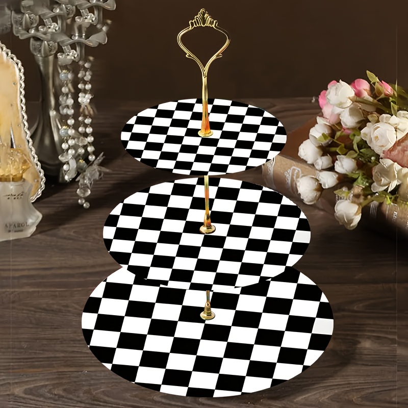 TEMU 3 Tier Black And White Checkerboard Dessert Stand, Wooden Cupcake Tower, Afternoon Tray, Wedding Display Stand For Home Kitchen Decor, Non-food