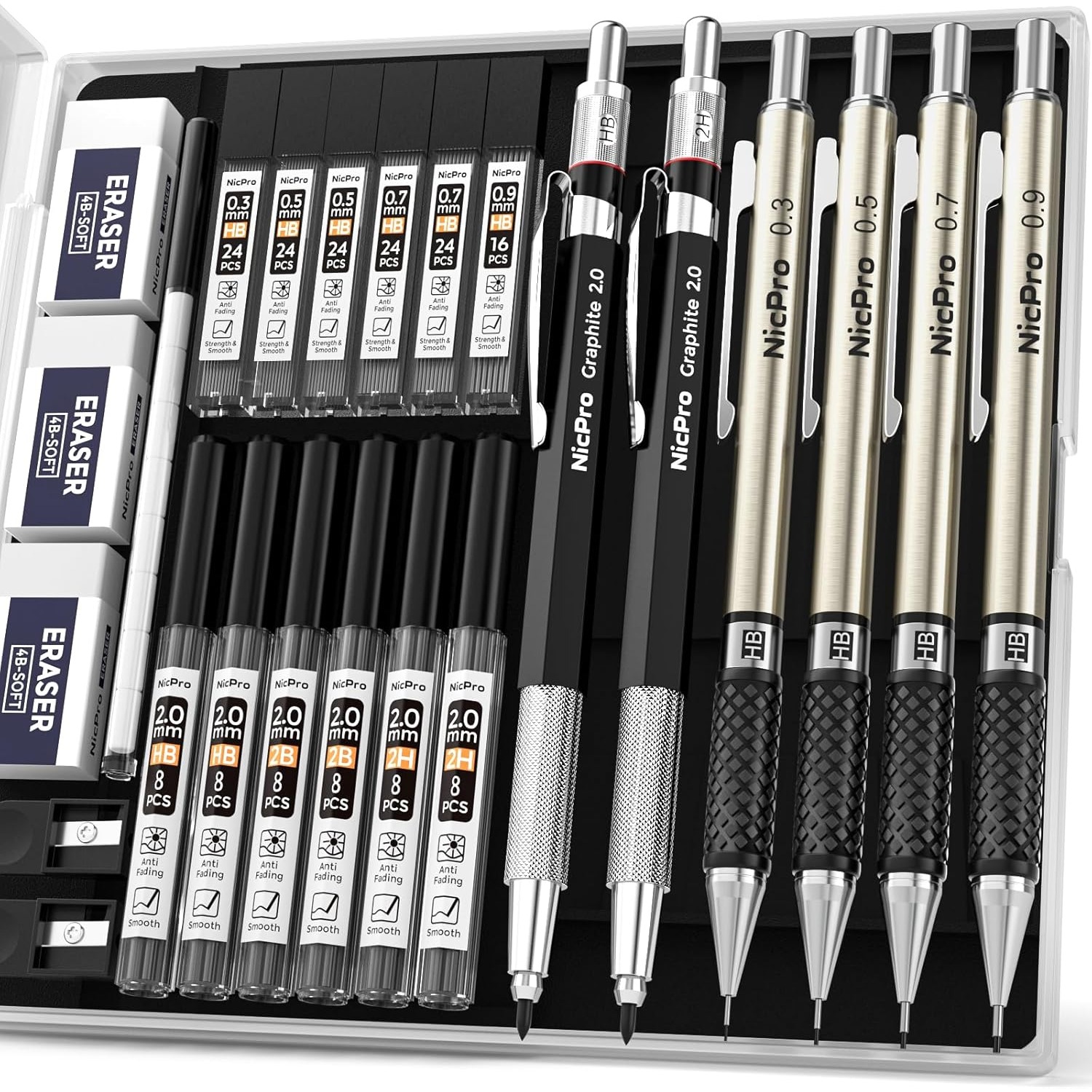 TEMU Art Mechanical Pencil Set, 4pcs Metal Drafting Pencil 0.3mm & 0.5 Mm & 0.7 Mm & 0. & 2pcs 2mm Lead Holder (2b Hb 2h) For Sketching Drawing With
