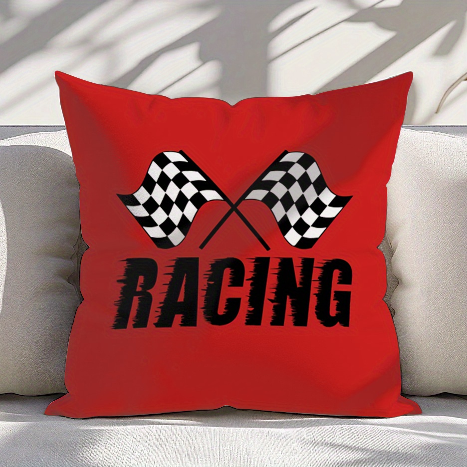 TEMU Vintage Racing Checkered Flag And "racing" Text Double-sided Print Pillowcase - 18-inch Polyester Cushion Cover With Zipper Closure, Machine