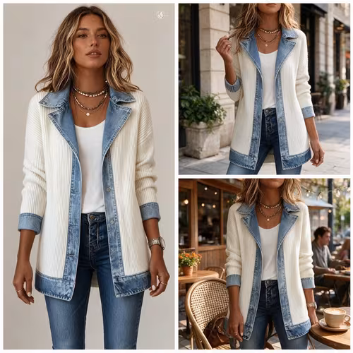 Women's Denim Ribbed Patchwork Blazer — Open Front Casual Jacket